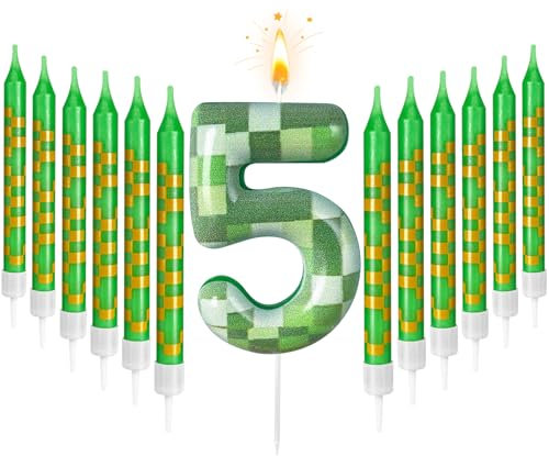 Zlongron 13 Pieces Birthday Cake Candles, Green Pixel Theme Birthday Candles, Suitable for Boys and Girls Birthdays, Gatherings, Parties, Celebrations Good Decoration Supplies (Number 5)
