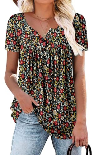 CHICZONE Ladies Tunic Tops Buttons Up Blouse Floral Printed Plain Pleated Womens V Neck Henley