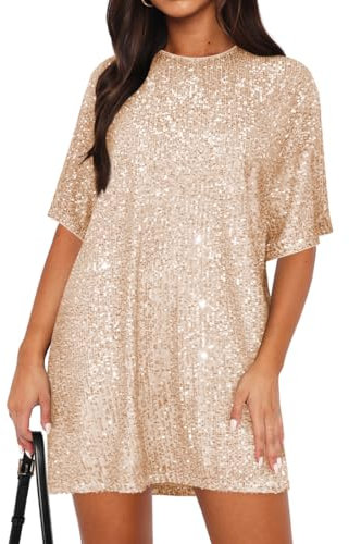 EUDOLAH Women's Sparkly Backless V-Neck Shirt Dress Sexy Half Sleeve Loose Party Club Cocktail Dress (XL,Beige)