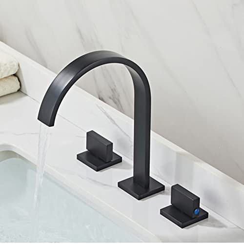 OWOHYG Robinets Cascade pour lavabo de Salle de Bain, Double poignée, mélangeur de lavabo à 3 Trous, dosseret, Robinet de Salle de Bain Cascade Moderne, Noir (Noir)