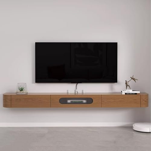 DEOPXF Meuble TV Suspendu en Bois Massif Design Mural Gain de Place Texture Naturelle Meuble TV Bas Coins Arrondis Glissière Silencieuse(Teak Color,180cm)