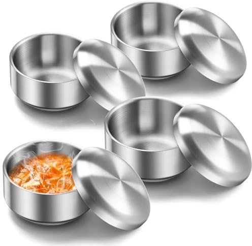 Reallnaive 4 Sets Stainless Steel Rice Bowl with Lid for Korean Kitchen Restaurant Double-walled Anti Scalding Metal Bowls for Soup Salad Noodles