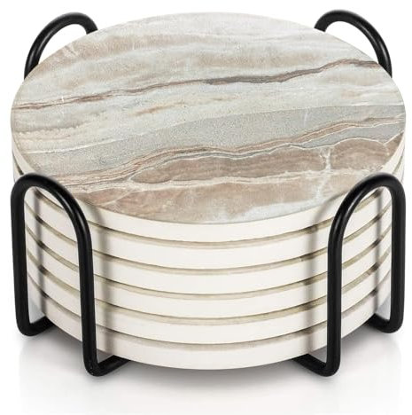 GRISHA Coasters Set of 6 - Homeware Marble Sandstone design Coasters Ceramic - Coasters with Holder and Cork Base,Home accessories,Coaster(Drinks) cup and Table decor,10cm 4inch