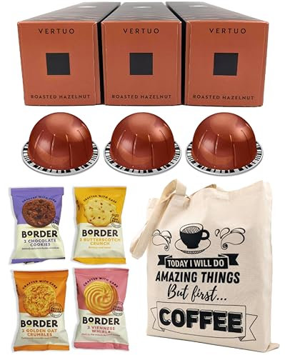 Coffee Pod Multipack for Nespresso Vertuo Machine - Roasted Hazelnut Coffee Capsules - 3 Boxes (30 Pods) with Border Biscuits and Reusable Tote Bag