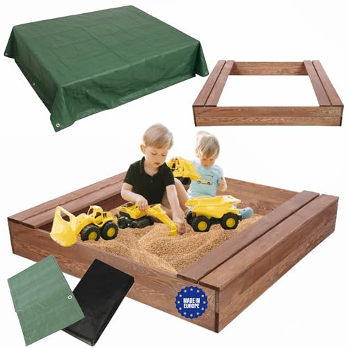 MODO24 Sandkasten mit Sitzbänken und Schutzplane, Holzsandkasten, Gartenspielzeug für Kinder, Sandkasten für Garten, Outdoor Sandkasten mit Bänken, Abmessungen 120x117 cm, Farbe: Braun (imprägniert)