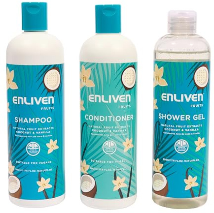 Enliven Naturals Coconut & Vanilla Shower Gel, Shampoo & Conditioner Bundle - 500ml x 3 - Bath Set - Shampoo and Conditioner Sets - UK Produced & Suitable for Vegans
