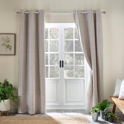 Catherine Lansfield Logan Stripe90x90 Inch Lined Eyelet Curtains Two Panels Natural
