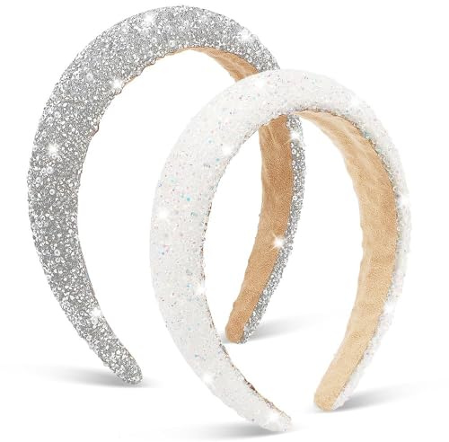 2 Stück Stirnband Damen Haarreif Glitzer Mädchen Mode Strass Headband Haarschmuck Glänzend Haarreifen Frauen Elegant Haarbänder für Silvesterparty Karneval Hochzeit Tägliche Kleidung (Silber Weiß)