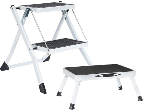 ideoon Küchenleiter 2 Stufen & Tritthocker Set – Klappbar, 150 kg belastbar, rutschfeste Trittflächen, platzsparendes Steighilfen-Duo aus stabilem Stahl