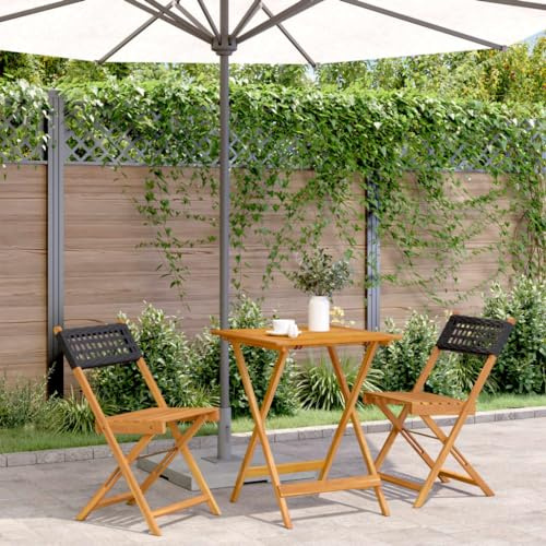 YuuSsea 3-TLG. Bistro-Set Schwarz, Poly Rattan und Massivholz, klappbar, für Garten, Balkon, Terrasse, wetterfest