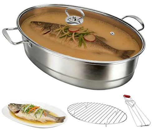 Stainless Steel Oval Fish Steamer - Multi-Use Cooking Pot with Rack, Ceramic Pan & Chuck, Versatile Braiser, Stockpot for Steaming Fish, Boiling Soup & Cooking Pasta