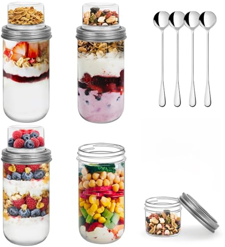 HNNJCK 4er Overnight Oats Gläser 600ml+100ml, Joghurtbecher to go mit Doppelschicht-Design und Edelstahlöffel, Trocken- und Nass-Trennung BPA-frei, Müslibecher für Schule/Büro/Picknick