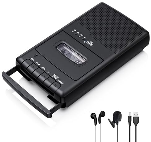 kassettenrekorder,Portable Kassettenspieler, Tragbarer USB-Kassettenspieler mit Eigenständigem Mikrofon, Digitalkonverter für Kassetten auf USB-Flash-Disk,Schwarz