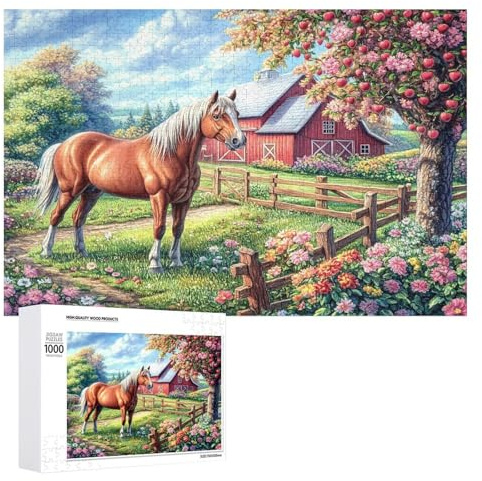 Pferd in der Nähe von Red Barn mit Apfelbaum 1000 Teile Puzzles Alle Altersgruppen Schweres Herausforderung Geschenk Legespiel Spielabende Lernen Großes Boden Puzzle 1000 PCS