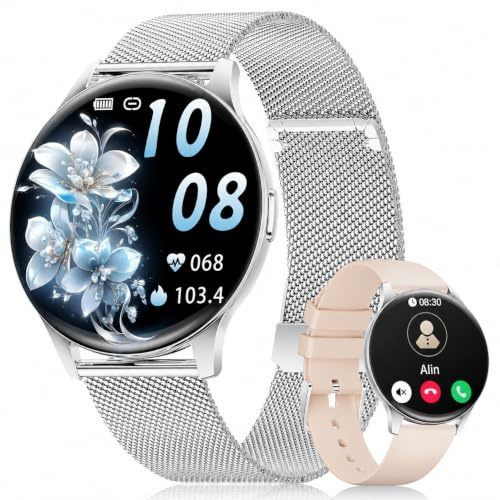 FITFLEX Smartwatch Damen, 1.43 HD Fitnessuhr mit Telefonfunktion, 120+Sportmodi, Monitor 24/7 Pulsuhr/Schlafmonitor/Kalorien, Fitness Tracker, IP68 Wasserdicht Smart Watch, iOS Android, Silbern