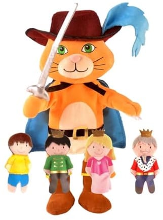 Fiesta Crafts Puss in Boots Hand Puppet, Moving Mouth & Arms | Soft & Interactive Puss in Boots Toy, Role Play, Creativity & Sensory Skills, Gift for Boys & Girls Age 3+