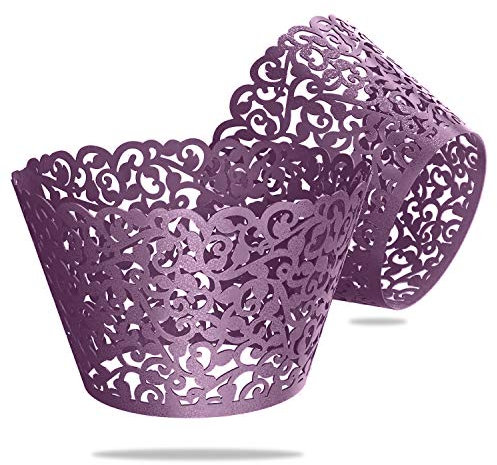WedDecor Purple Cupcake Wrappers Laser Cut Pearlescent Floral Design Muffin Wrap Cases Paper Holders for Party Decoration, Wedding, Birthday, Events, 50pcs