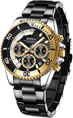 BIDEN Orologio Uomo Orologio Militare Acciaio Cronografo Impermeabile Luminosi Design Orologi Quadrante Grande da Polso Elegante Sportivo Analogici Data… (Nero Nero Giallo)