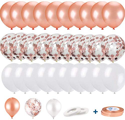Q-WOOFF Ballon Rose Gold, Ballon Anniversaire, 60 Ballons Comprend Ballon Rose Gold, Ballon confettis, Ballon Blanc et 4 Rubans. Convient pour la Decoration Anniversaire, Mariage,fête