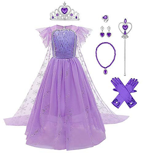 IWEMEK Filles Déguisements Princesse Elsa Robe Longue avec Cape + Accessoires Reine des Neige 2 Costume de Carnaval Halloween Noël Robes de fête d'anniversaire Enfants Violet Set 5-6 Ans