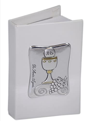 Nr.5 Gospel Favour 6x9 cm, First Communion in White Eco Leather with Silver Plate 925% cm, 5x7 Chalice Decoration Made in Italy 3248/1