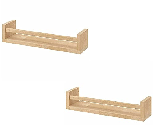 Optimal Products Spice Jar Rack Natural Wood Wooden Wall Mounted Shelves Racks Multi Use Books Shelf Kids Storage Stand Kitchen Bathroom Unit (Natural (40 x 10 x 9 cm), 2)