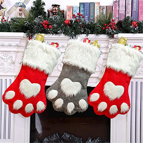 YEAJION Weihnachtsstrumpf mit Hundepfote Nikolausstiefel zum Befüllen Weihnachten Plüsch Glückliche Stickerei Nikolaussocken Große Weihnachtsstrümpfe Hängend Nikolausstrümpfe Weihnachtsdeko