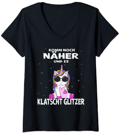 Damen Komm noch Näher und es Klatscht Glitzer - witziges Einhorn T-Shirt mit V-Ausschnitt