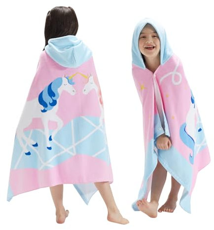 BANGSAUR Kinder-Strandtuch mit Kapuze, 100% Baumwolle, weich und saugfähig, Badetuch, Badetuch, Überzieher für Jungen und Mädchen, extra Größe: 127×76cm (Doppeltes Einhorn)