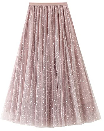 YILEEGOO Women's Tulle Skirt High Waist Tiered Layered Mesh Ballet Prom Party Tulle Tutu A-line Midi Skirt (Pink Glitter Stars, One Size)
