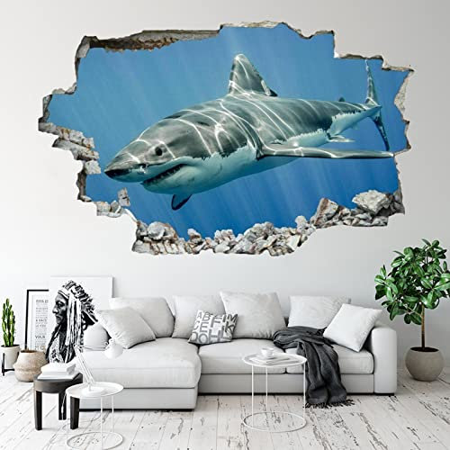Kuletkear Wandtattoos 3D Durchbruch Wandsticker Mauerloch Selbstklebend Wandaufkleber, Hai B 120 x H 80 cm für Kinderzimmer Schlafzimmer Wohnzimmer