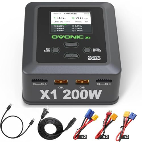 OVONIC Chargeur Lipo 200W 15A AC200W DC300W Dual Balance Chargeur pour 1-6S Li-ION NiCd NiMH LiHV RC Batterie RC Modèles (X1