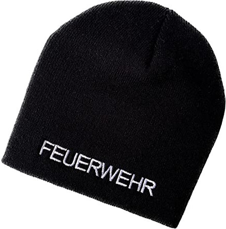 Schnoschi Schwarze Strickmütze (Beanie Mütze) mit Feuerwehr Bestickt für Herren, Damen, Jugendliche und Kinder