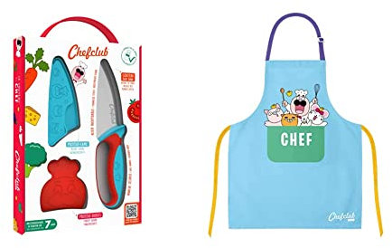 Le Couteau du chef Chefclub Kids Bleu & Rouge & Kids - Tablier de Cuisine pour Enfants - Accessoire Patisserie - Coton - Taille Unique - 4 à 10 ans - Couleur bleu - Personnages kids