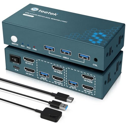 Steetek KVM Switch 2 Monitore 4K@60Hz, USB2.0, KVM Switch 2 PC 2 Monitore HDCP2.2 HDMI 2.0, 2 PC 2 Monitor Switch mit 4 HDMI2.0 und 2 USB Kabel, KVM Switch HDMI Button Switch