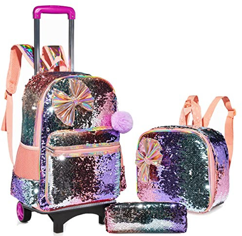 HTgroce Bogen Rucksack Trolley Mädchen Schultaschen Trolley, Grundschule Trolley Rucksack mit Lunch Tasche Federmäppchen 3 in 1 Schultaschen-Sets Ideal für Kinder Schüler