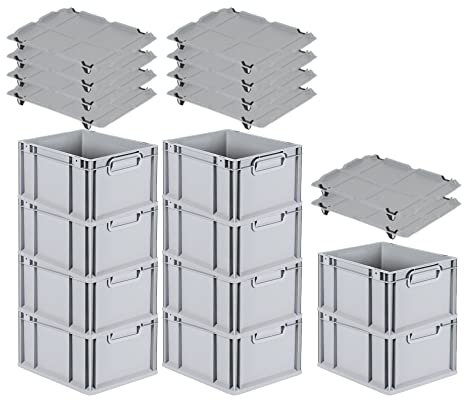 PROREGAL SparSet 10x Eurobox NextGen Grip mit Auflagedeckel & 4 schwarzen Schiebeschnappverschlüssen, HxBxT 22x30x40cm, 20 L, Grau, Griffe geschlossen, Eurobehälter, Transportbox