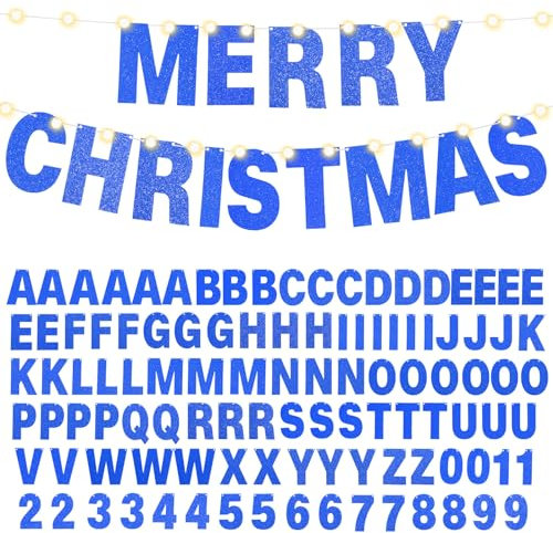 112-teiliges DIY-Glitzer-Banner-Set, personalisierbar, inklusive 107 Buchstaben und Zahlen, 3 Seile und 2 Lichtbuchstaben, Geburtstag, Babyparty (dunkelblau)