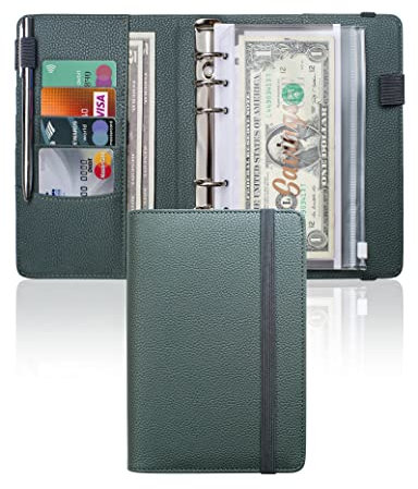 Mymazn Budget Planner A6, Haushaltsbuch Budget Binder Budgetplaner A6 PU Leder Geld Organizer Sparen, Cash Stuffing Haushaltsbuch mit Geldfacher, Budgetplaner Sparbuch (Grau-grün)