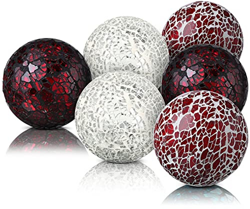 Decorative Ball Set 6.5cm/ 2.5 Inch Mosaic Glass Orbs Sphere Glass Centerpiece Balls Decorative for Bowls Vases Tables Wedding Party(White, Red, Reddish Black,6 Pieces)