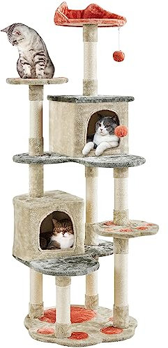 Yaheetech Albero Tiragraffi per Gatti 165 cm con posatoio a Zampa di Gatto Condominio Palla Appesa Corda di Sisal Naturale Beige