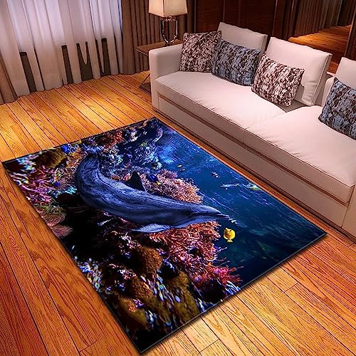 3D Teppich Kinder Jungen Groß Kinderzimmer Gaming Teppich Schlafzimmer Dekoration Wohnzimmer Kurzflor Krabbelmatte Modern Weich Kinderteppiche Waschbarer Unterwassertiere, Delfine 160 X 230 cm