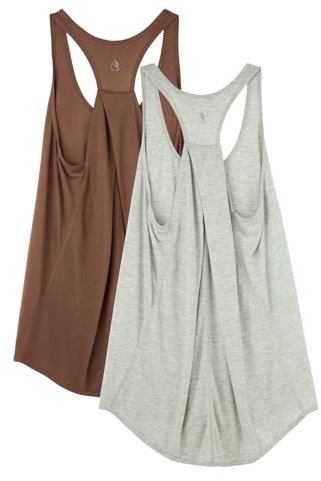 icyzone Damen Sport Tank Top Locker, Leicht Yoga Shirt, Jogging Fitness Tanktops Ärmellos Lässig Oberteile, 2er Pack (Grey/Coffee Brown, L)