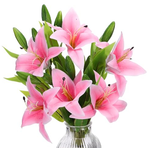 PATIKIL Künstliche Lilien, künstliche Lilien, Seide, Kunstblumen in Vase, fühlen sich echt an, für Heimdekoration, Tafelaufsatz, Tischdekoration, Esszimmer, Rosa, 6 Stück
