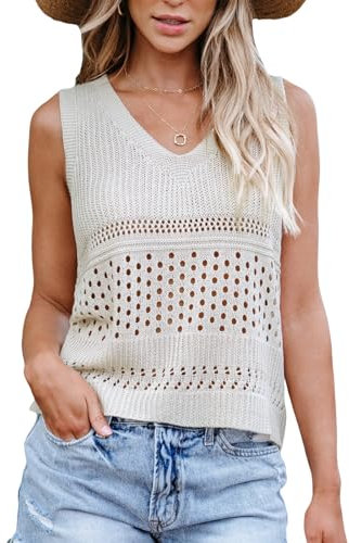 CUPSHE Damen Bikini Cover Up Top V-Ausschnitt Oberteil Ärmellos Crochet Cutout Sommer Häkeln Beachwaer Beige XS