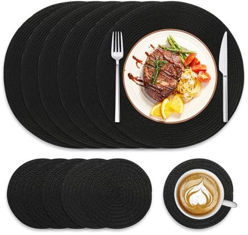 Round Placemats and Coasters Set of 6 Braided Woven Table Place Mats 38cm Washable Heat Resistant Table for Dining Black