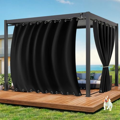 Qelus Outdoor Vorhang Wetterfest B254xH213CM, Wasserdicht Outdoorvorhänge mit Ösen, Aussen Gardinen Winddicht Sonnenschutz Sichtschutz für Garten Terrasse Balkon Pergola Pavillon (Tiefschwarz)