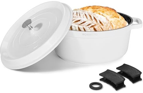 ROSSETTO cacerola redondas con tapa, blanco Ø24cm 4,3L cocotte cacerola holandesa con revestimiento antiadherente para hornear, estofar, asar, inducción y todo tipo de placas, apta para horno