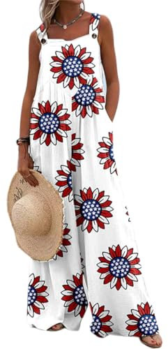 PADOLA Women's Summer Jumpsuit Flowers Printed Dungarees Elegant Loose Wide Leg Pants Bohemian Style Overalls Playsuits for Women UK(4Sunflowers-1,M)