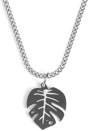 UNSHINEBAR Monstera Kette mit Anhänger für Herren und Damen - Streetwear Cuban Halskette mit Monstera Anhänger aus Edelstahl und 18K Gold - Wasserfeste Kette - 50-55cm Länge verstellbar (Silber)